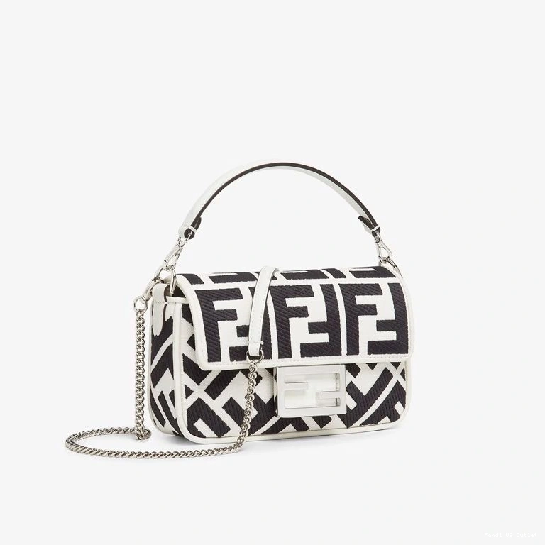 Affordable HOT Mini Bag FF Motif Baguette Black White In Canvas Fendi 0804